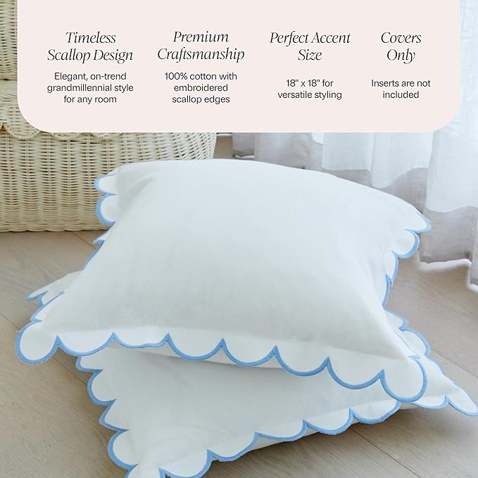 BEBE BASK Scalloped Pillow Cover - Set of 2-18 x 18 Inch - Scallop Pillow Cover – White and Blue Scalloped Pillows - Scallop Pillows - 100% Cotton - Grandmillennial Style (White/Blue)