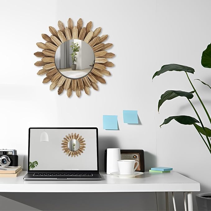 Mirror Wall Decor 12 inch Boho Mirror Home Decor Rustic Round Wood Mirror Wall Mirror Decorative Sunburst Mirror Boho Mirror Home Wall Decor Farmhouse Wall Decor for Bedroom Living Room Entryway