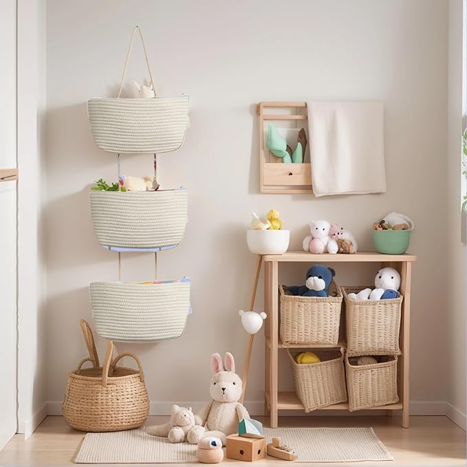 Hanging Baskets for Organizing,Over the Door Organizers and Storage,3-Tier Woven Cotton Wall-Mounted Storage Organizer Bag Decorative,Kitchen,Living Room,Bathroom,Bedroom,White