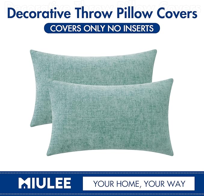 MIULEE Pack of 2 Couch Throw Pillow Covers 12x20 Inch Soft Aqua Green Chenille Lumbar Pillow Covers for Sofa Living Room Spring Home Decor Couch Solid Dyed Cases