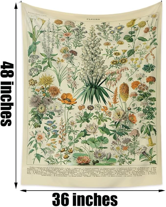 Vintage Flowers Tapestry 48”x36”, Long Vertical Wall Hanging Reference Illustrative Botanical Tapestries for Bedroom Aesthetic Floral Tapistry Botanical Plants Tapestry Wall Hanging Cute Bedroom Decor