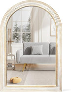 36x24 Inch Farmhouse Wooden Arched Wall Mirror, Distressed Frame with Beaded Boho Detail, Decorative Mirrors for Bathroom Over Sink, Living Room, Entryway, Hallway