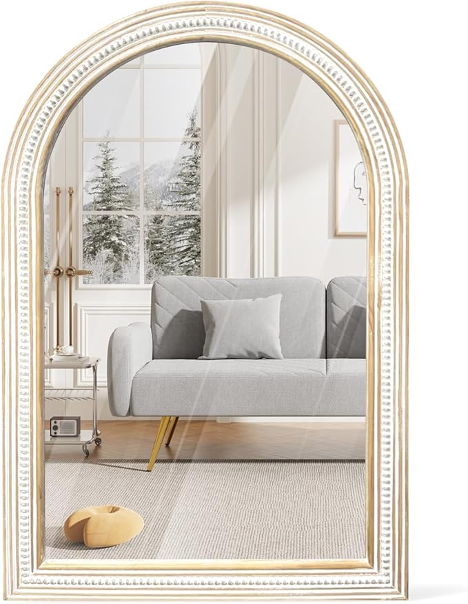 36x24 Inch Farmhouse Wooden Arched Wall Mirror, Distressed Frame with Beaded Boho Detail, Decorative Mirrors for Bathroom Over Sink, Living Room, Entryway, Hallway