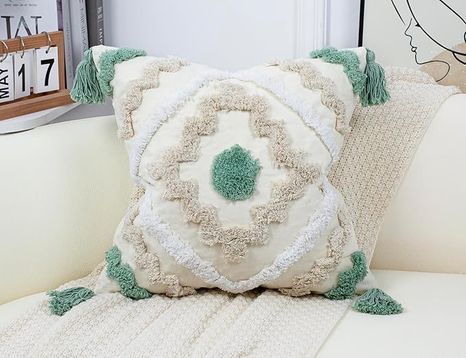 Decorative Farmhouse Throw Pillow Covers 20 x 20,Modern Neutral Couch Pillow Cover,Cotton Checked Pattern Boho Square Pillow Case Cover for Couch Bed Sofa Bedroom,Green&Beige&White