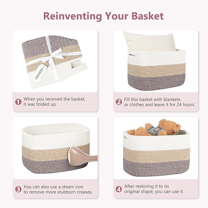 Cotton Rope Shelf Storage Basket, 15x10x9 in, Shelf Storage Baskets for Clothes, Towels, Books, Laundry (White/Pink, 1 Pack)