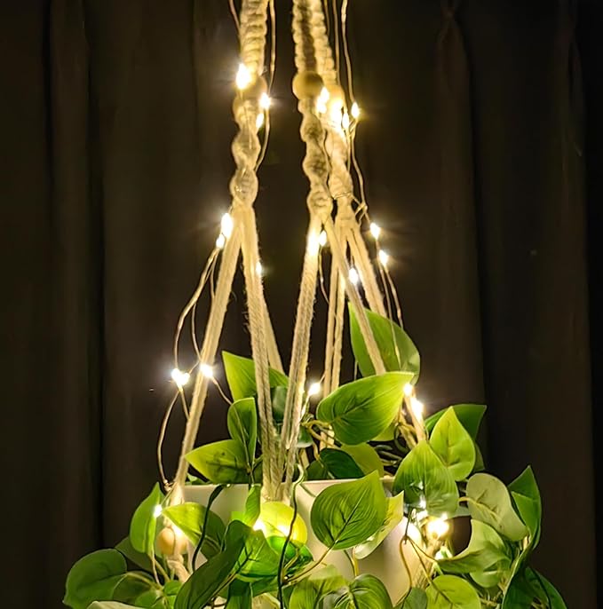 Comtelek Macrame Plant Hanger with Lights Indoor Hanging Planter Basket with Wood Beads Flower Pot Holder Handwoven Cotton Rope Tassels for Boho Home Window Decor 43.5 Inch, Ivory (POTS NOT Included)