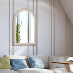 36x24 Inch Farmhouse Wooden Arched Wall Mirror, Distressed Rustic Frame with Beaded Boho Detail, Arch Decorative Mirror for Bathroom, Living Room, Entryway
