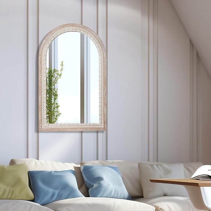 36x24 Inch Farmhouse Wooden Arched Wall Mirror, Distressed Rustic Frame with Beaded Boho Detail, Arch Decorative Mirror for Bathroom, Living Room, Entryway