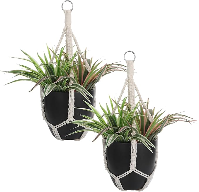 Handmade Macrame Plant Hangers, 2 Pack Cotton Boho Hanging Planters Baskets Plant Holder 19.6 Inch White Rope Flower Pot Holders for Indoor Outdoor Decor