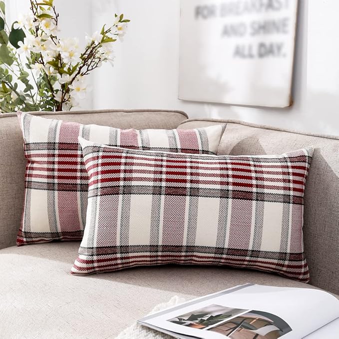 CARRIE HOME Red Tartan Plaid Christmas Lumbar Pillow Cover 12x20 Set of 2 Farmhouse Buffalo Plaid Red Striped Lumbar Throw Pillow Cover for Living Room Couch Sofa