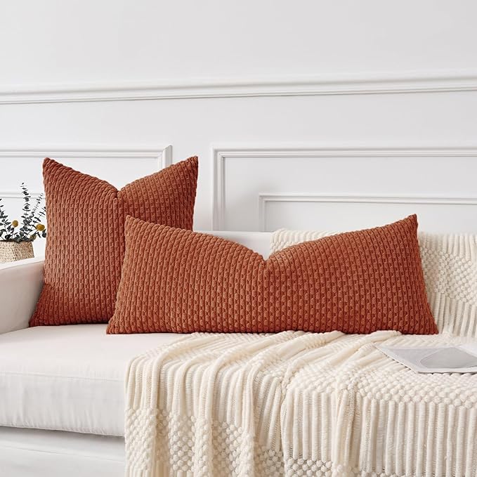 Kevin Textile Fall 14x36 Inch Long Lumbar 1 Pack Fall Boho Decorative Throw Pillow Cover Soft Striped Corduroy Rectangle Cushion Case Farmhouse Solid Color Accent for Living Room Couch Sofa Bed, Rust
