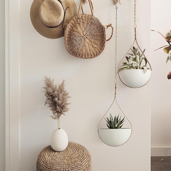 Hajia 2 Pack Waterdrop Shaped Hanging Planter, Beige Metal Plant Hanger with Non-Detachable Pots, Boho Hanging Plant Holder for Wall and Ceiling Decor.(No Plants or Drainage Holes)