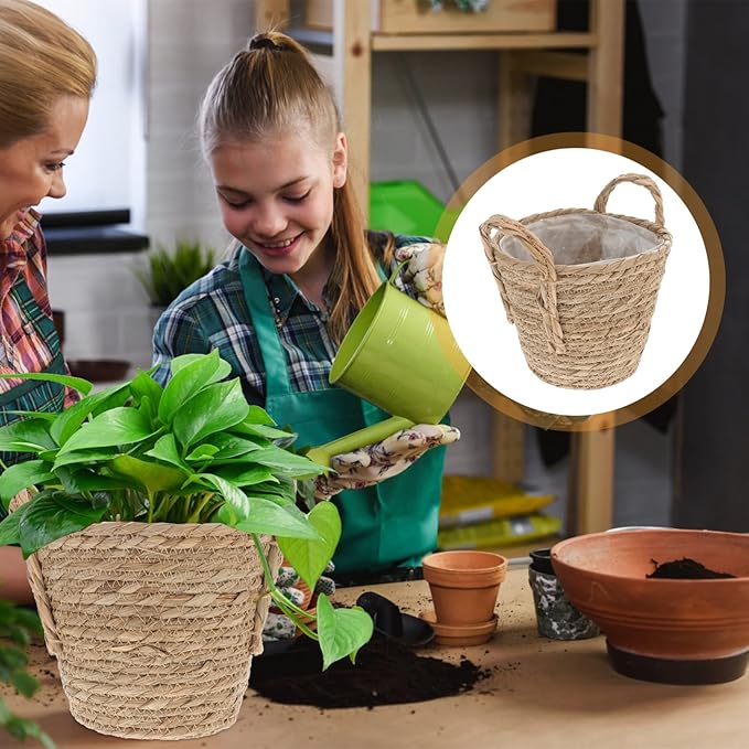 Zerodeko Seagrass Planter Basket Straw Plant Baskets Woven Basket Flower Plant Pot Wicker Plant Containers with Plastic Liner for Indoor Plants Laundry Room 20cm