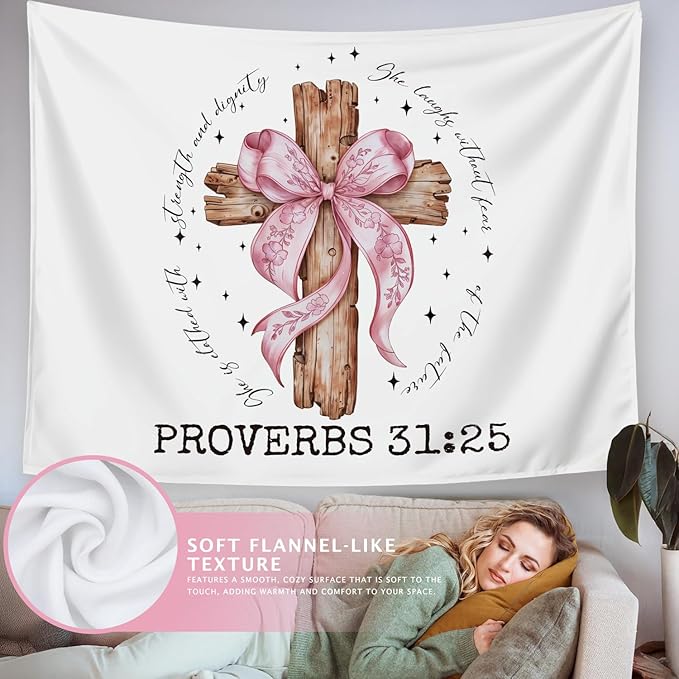 LIANGW Coquette Pink Bow Christian Tapestry Wall Hanging, Coquette Preppy Room Decor, Proverbs 31 Woman Gifts, Bible Verse Wall Blanket Decor for Girls Room Dorm Apartment, 50x60 Inch