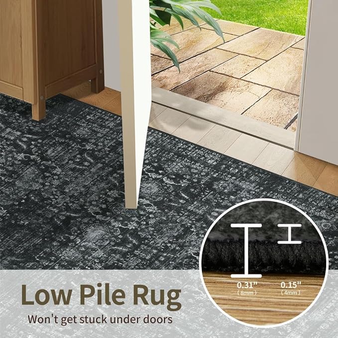 2'6''x8' Runner Rug, Washable Kitchen Rugs, Black Boho Vintage Floral Hallway Runner, Non Slip Low Pile Area Rug Carpet for Hallway, Kitchen, Laundry Room and Bathroom(Black 2.6x8ft)