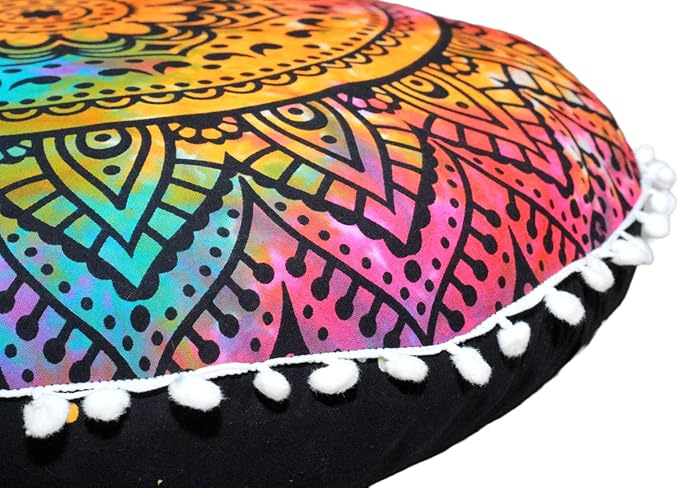 CRAFT KALA Round Mandala Boho Pillow Cover Meditation India Room Seating Poufs Cover for Living Room Yoga Home Décor Bedroom Balcony Garden Decoration Cotton Floor Cushion Cover (32", Multi Flower)