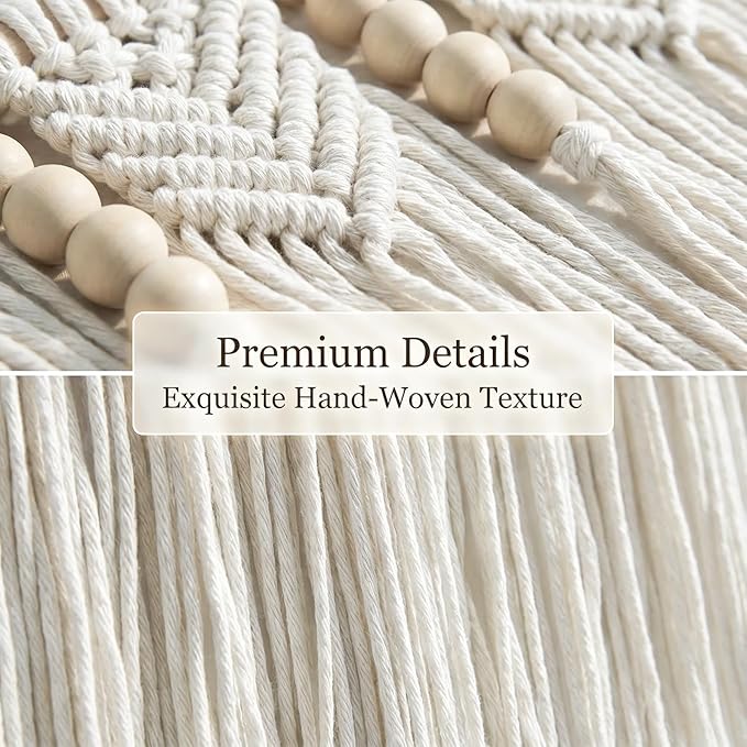 Betylifoy Macrame Wall Hanging Large Boho Wall Decor Beige Macrame Tapestry with Wooden Beads Cotton Rope Bohemian Handmade Woven Wall Art Decor for Bedroom Living Room Apartment Dorm Backdrop