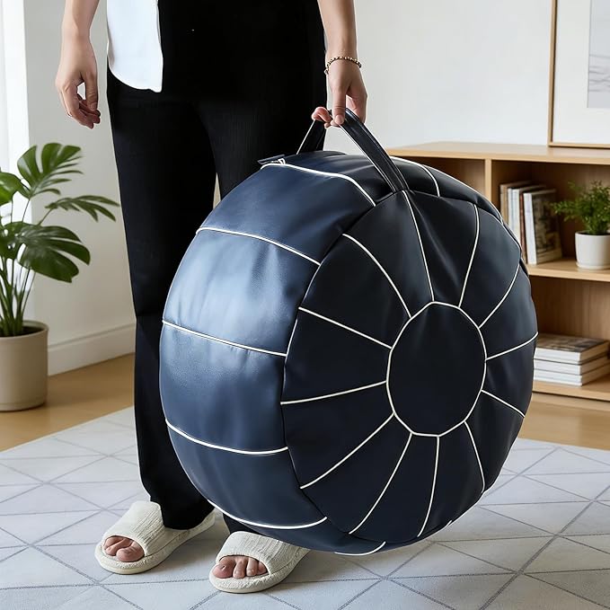 Louis Donné Unstuffed Pouf Ottoman Cover, Faux Leather Foot Stool for Foot Rest, Moroccan Style Ottomans, 21" Round Handmade Small Bean Bag Covers for Storage, Footstools for Living Room(ONLY Cover)