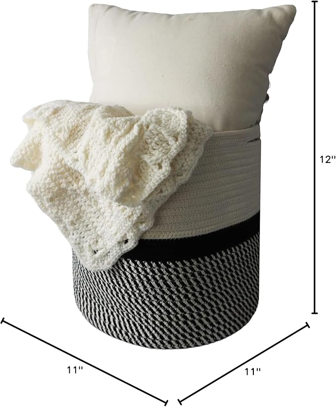 Decorative Baskets for Plants| 9- & 11-inch Pots for Indoor Plants | Floor Planter Pot Cover | Rope Plant Basket for Indoor (Medium 11" Round, Ivory/Black)