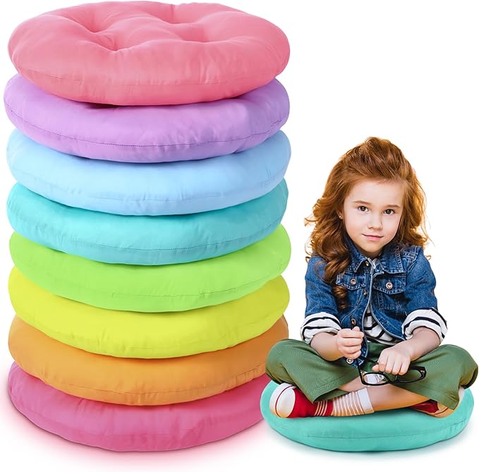 8 Pcs 16 Inch Floor Cushions for Kid, Flexible Seating for Classroom Elementary, 3.15 in Thick Round Floor Pillow, Back to School Furniture for Daycare Preschool Meditation(Bright Color)