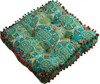 Moroccan Printed Square Chair Pads Cotton Linen Soft Comfort Chair Cushion Colorful Pompom Seat Cushions for Indoor Dining Room and Kitchen Chairs (Blue,16x16 Inch)