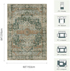 5x7 Area Rugs for Living Room Bedroom, Washable Rug, Green Vintage Retro Boho Rug, Non Slip & Low Pile Faux Wool Thin Carpet for Indoor Dining Room and Kids Room(Green/Brown 5x7ft)
