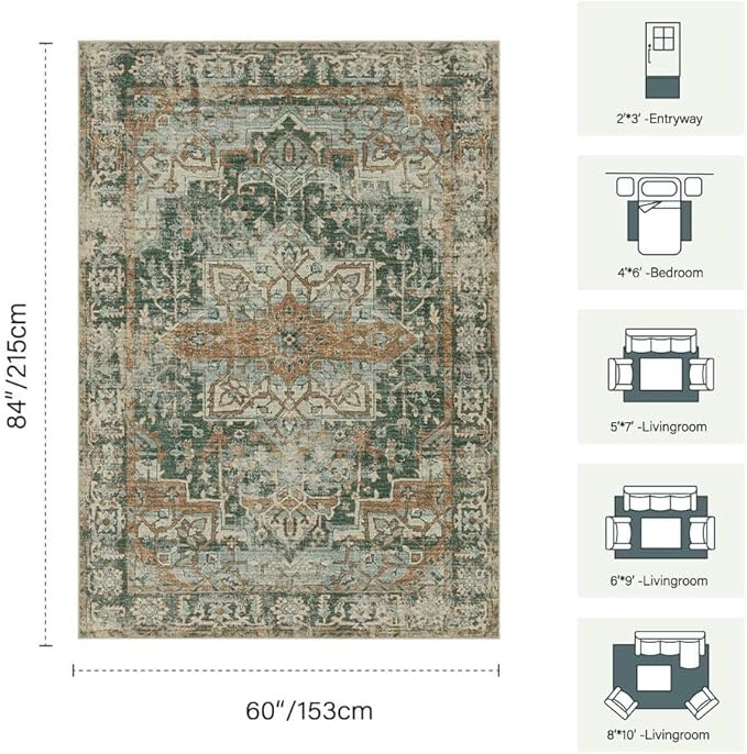 5x7 Area Rugs for Living Room Bedroom, Washable Rug, Green Vintage Retro Boho Rug, Non Slip & Low Pile Faux Wool Thin Carpet for Indoor Dining Room and Kids Room(Green/Brown 5x7ft)