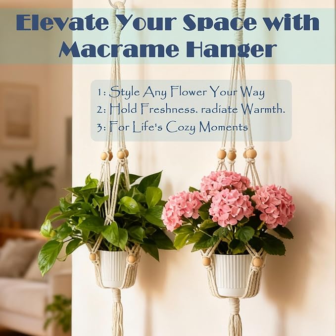 2-Pack Macrame Plant Hangers with Tassel, 35 Inch Boho Hanging Planters with 4 Hooks for Indoor, Handwoven Cotton Rope Holder for Home Decor (No Pot Included)