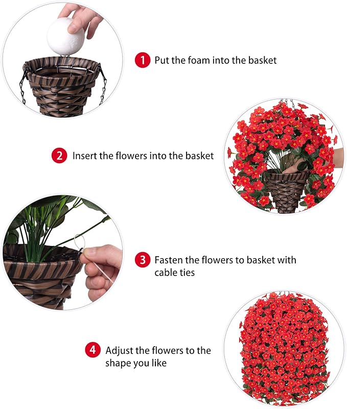 HyeFlora Artificial Fake Red Hanging Flowers Plants Basket for Outdoor Outside Winter Christmas Decor, Faux Silk Daisy Flower Look Real UV Resistant Orchid Vine Plant for Porch Garden Yard Patio Home
