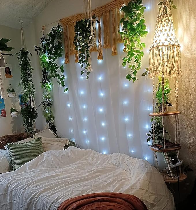 Boho Plug in Pendant Light Hanging Light with Plug in Cord,Dimmable Switch Hanging Lamp Macrame Lamp Shade and Plant Holder Shelf Indoor for Bohemian Decor Bedroom Corner Living Room