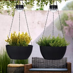 SUNNYPARK 2 Packs Hanging Planters Basket for Outdoor Plants, Solar Powered Self Watering Black Round Plastic Flower Pots with Drainer for Balcony Patio Garden Outdoor Decoration