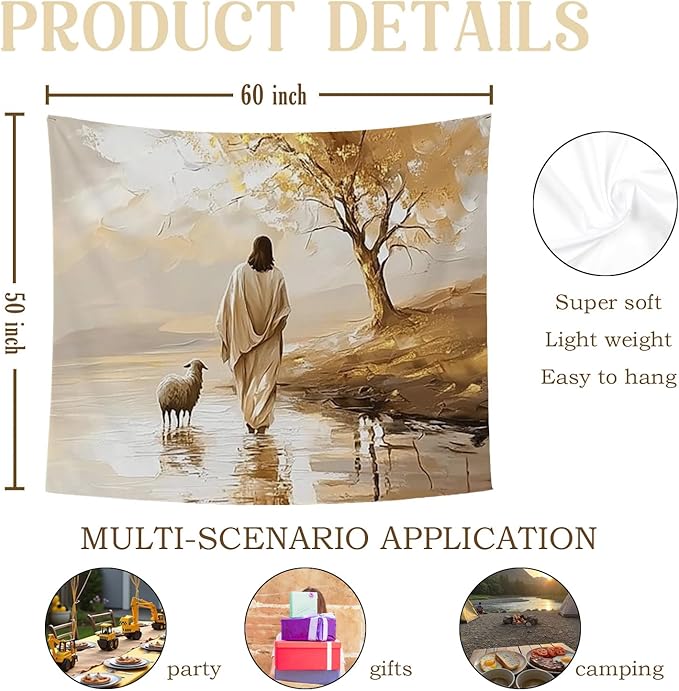 bitCNY Jesus and Sheep Tapestry 60x50 Inches – Autumn Christian Wall Art, Religious Home Decor, Pastoral Faith Tapestry for Living Room Bedroom