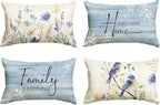 AVOIN colorlife Spring Saying Flowers Butterfly Bird Throw Pillow Covers, 12 x 20 Inch Home Sweet Home Blue Cushion Case for Sofa Couch Set of 4