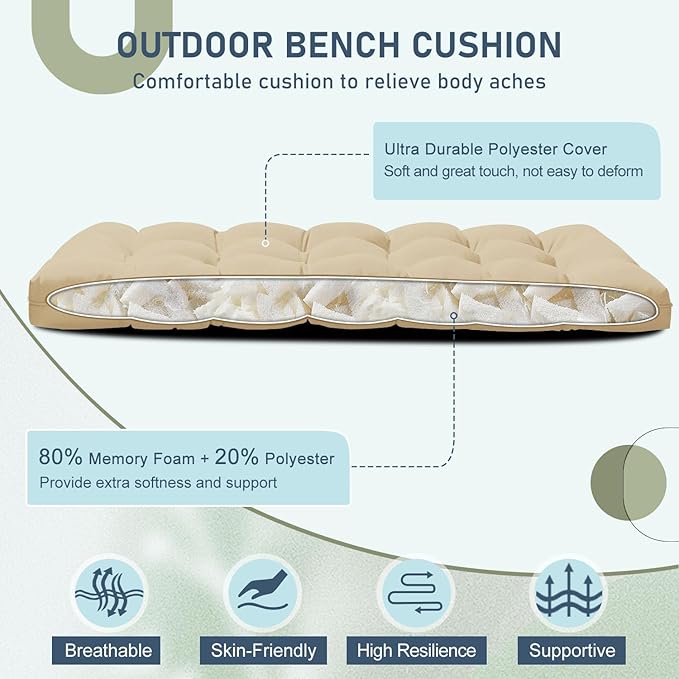 downluxe Outdoor Bench Cushion for Patio Furniture, Water Resistant Tufted Overstuffed Porch Swing Cushions, Thick Outdoor Loveseat Cushions, 59" x 18" x 5", Khaki, Set of 1