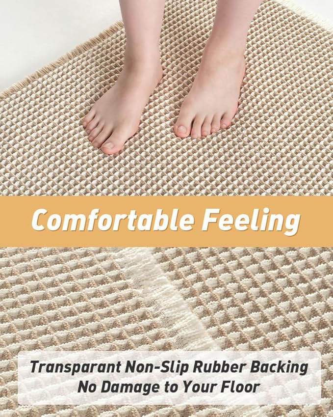AMOAMI Upgraded Waffle Bath Mat, Super Absorbent Non Slip Bath Mats for Bathroom Floor, Washable Bathroom Rugs with Tassels, Rubber Backed Bathroom Mats, Ultra Soft, 20" x 32", Brown & Cream