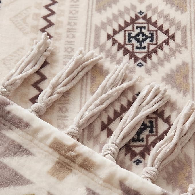 CASAAGUSTO Boho Throw Blanket - Beige and Gray Decorative Blankets with Tassel, Printed Flannel Bohemian Blanket for Chair, Bed, Sofa, Couch(50 * 60, Beige and Gray)