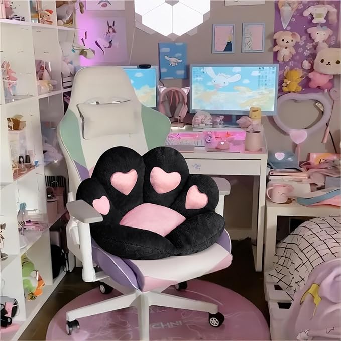 Ditucu Cat Paw Cushion Kawaii Chair Cushions 31.4 x 27.5 inch Cute Stuff Heart-Shaped Seat Pad Comfy Lazy Sofa Office Floor Pillow for Gaming Chairs Room Decor Black