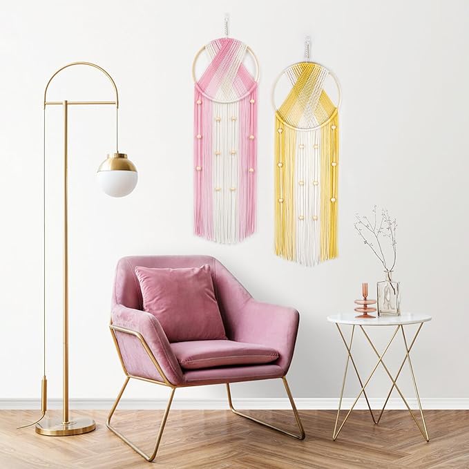 LB 2Pc Boho Macrame Wall Hanging Boho Aesthetic Wall Decor Pink and Yellow Hand Woven Cotton Macrame Wall Art with Wood beads Modern Tapestry for Home, Bedroom, Living Room