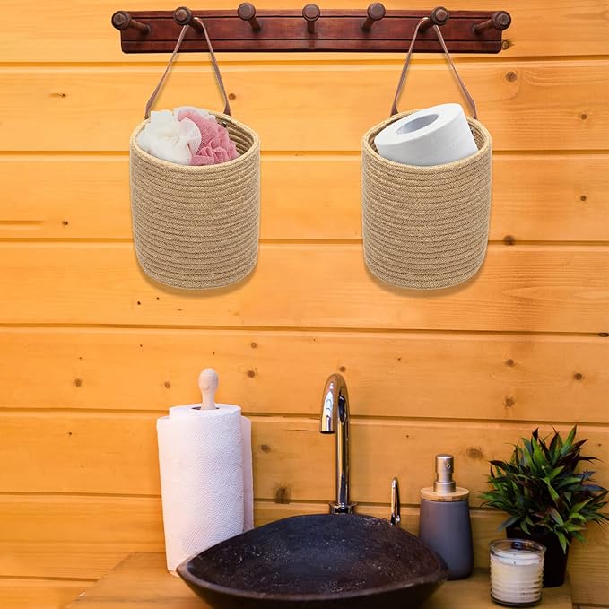 YOUEON Set of 2 Jute Hanging Basket 7.8" x 6.7", Small Wall Hanging Planter Baskets, Natural Jute Woven Storage Basket for Flower Plants Towels Sunglasses Wallet Keys, Boho Decor