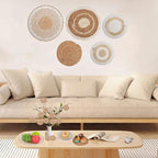 11Pcs Boho Wall Basket Decor, Round Hanging Rattan Wall Decor Flat Woven Basket Wall Hanging Decor, Tassels White Seagrass Wicker Boho Baskets Decoration Art for Farmhouse Bedroom Living Room