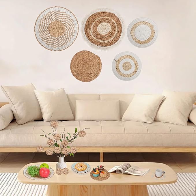 11Pcs Boho Wall Basket Decor, Round Hanging Rattan Wall Decor Flat Woven Basket Wall Hanging Decor, Tassels White Seagrass Wicker Boho Baskets Decoration Art for Farmhouse Bedroom Living Room