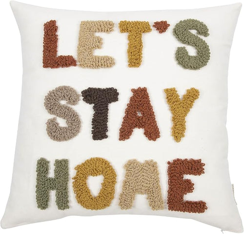 "Let's Stay Home Boho Pillow Covers 18X18 Inch Decorative Words Tufted Throw Pillow Covers Farmhouse Pillow Case for Couch Sofa Bed Living Room Bedroom, Rust/Mustard/Brown