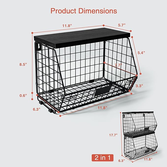 Black Kitchen Wall Hanging Storage Basket Set of 2, Rustic Stackable Kitchen Counter Fruit Organizer, Wire Baskets Container for Veggie, Garlic, Produce, Onion and Potato (Black Shelf)