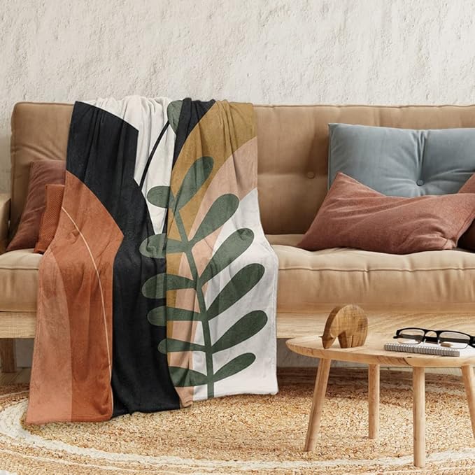 Boho Mid Century Blankets Black Geometric Throws Beige Abstract Modern Throw Blanket Minimalist Sun Soft Warm Bed Bedding Blankets for Couch Bedroom Sofa Office Cozy Flannel Blanket 60"X80"