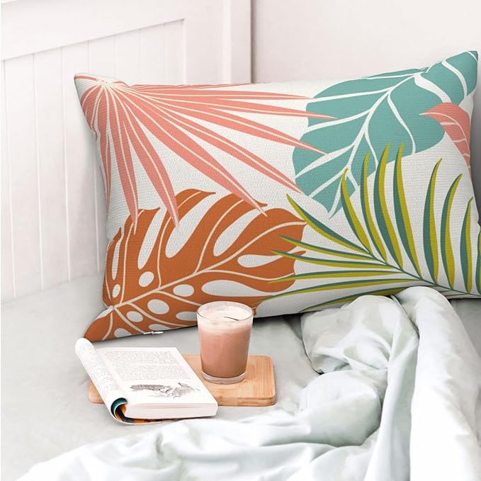 Summer Tropical Pillow Covers 12x20 Set of 2, Monstera Palm Leaf Pillowcase Green Orange Botanical Coral Summer Throw Pillows Outdoor Decor Farmhouse Cushion Case Linen Decorative for Home