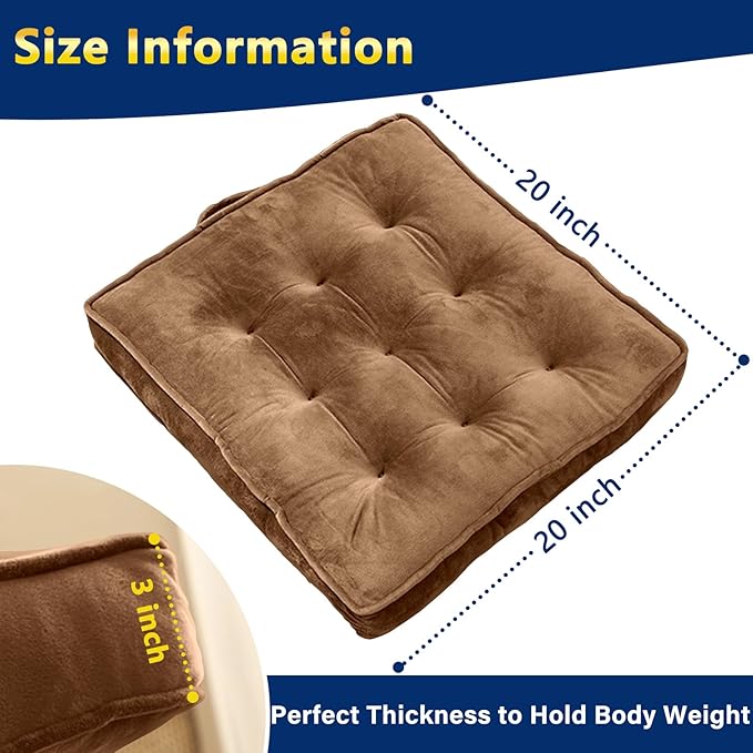 Floor Pillow Set of 2, Memory Foam Meditation Cushion, Floor Cushions for Adults Sitting, Large Square Seat Cushions for Yoga, Couch, Sofa, Kids, Living Room, 20x20 Inch (Brown)