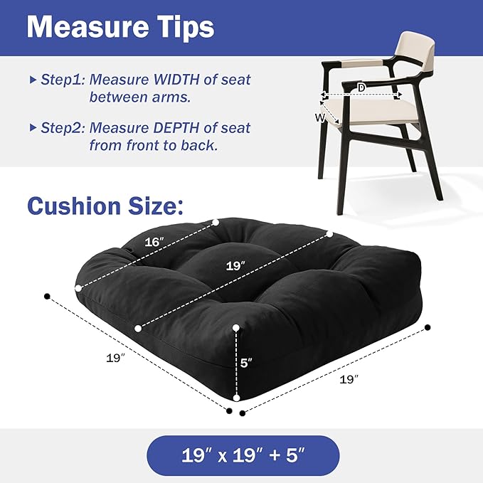 Outdoor Chair Cushions Set of 4, Patio Chair Cushions with Ties,19x19+5” Tufted Outdoor Seat Cushions, Waterproof Patio Furniture Cushions, Outdoor Dining Chair Pads, Black