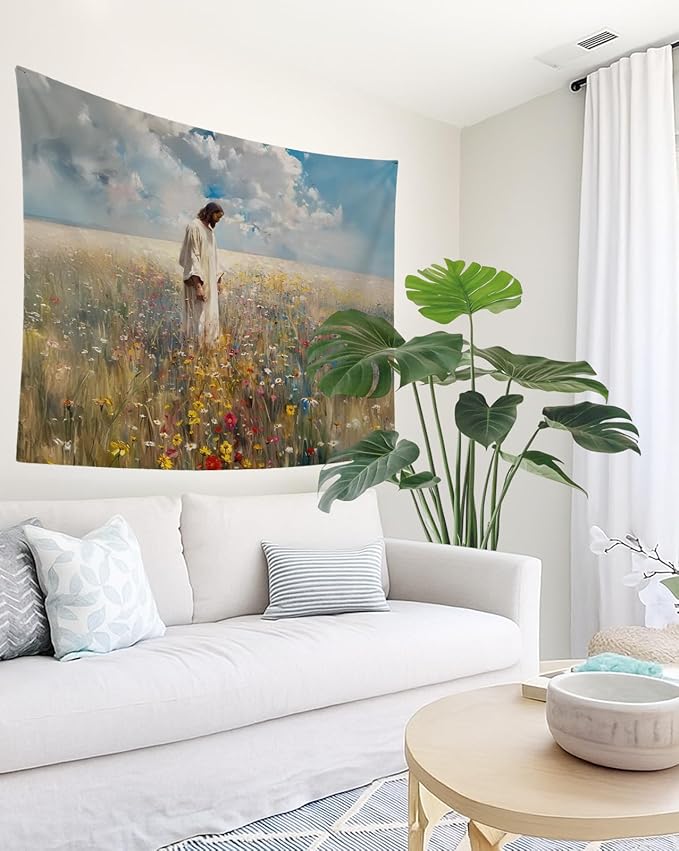bitCNY Jesus Walking in Wildflower Field Tapestry – Christian Wall Art, Spiritual Home Decor, 50x60 Inch Fabric Hanging for Living Room Bedroom