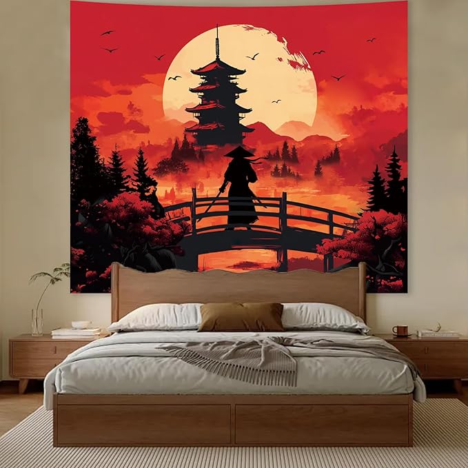 Apdidl Anime Japanese Samurai Wall Tapestry for Bedroom, Cool Black and Red Forest Mountain Moon Backdrop Tapestries Aesthetics, Medieval Dark Sunset Tower Wall Hanging for Men Room Dorm 51"X60"