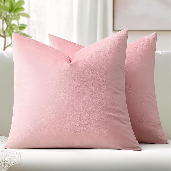 MIULEE Velvet Throw Pillow Covers 16x16 Inch, Pack of 2 - Bright Pink, Soft Solid Decorative Pillow Covers Cushion Cases Modern Luxury Valentines Home Decor for Spring Couch Sofa Bedroom Livingroom